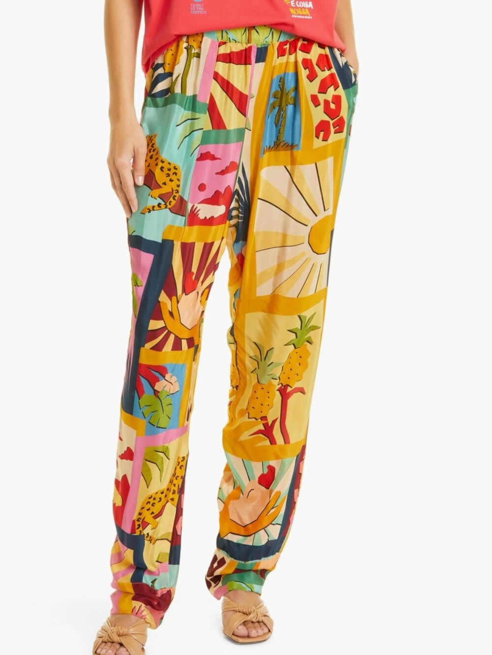 FARM RIO Tropical Collage Viscose Pants Women’s Size S Elastic Waist Summer Boho